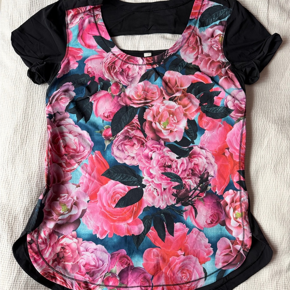 Lululemon Athletica Pink and Black Floral Blouse